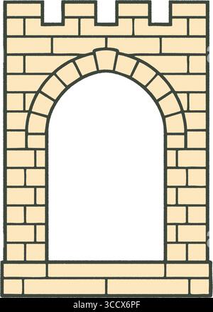 Stone castle entrance with a large arched doorway, brick masonry, and crenellated battlements along the top. Stock Vector