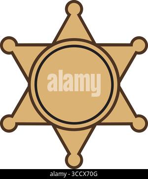 Stylized six pointed sheriff badge with a large blank circular center in warm tan and brown colors. Stock Vector