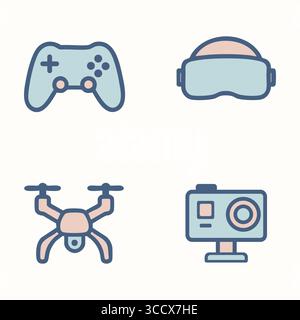 Minimal icons showing a handheld game controller and a virtual reality headset outlined with soft pastel accents. Stock Vector