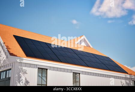 3d rendering black solar panels on roof Stock Photo