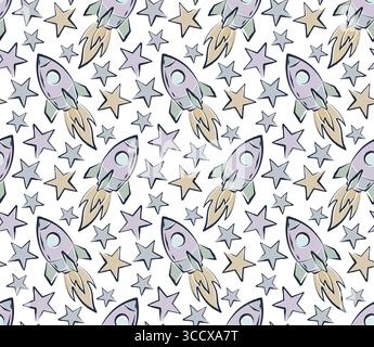 Seamless background with flying rocket and stars. Stock Vector
