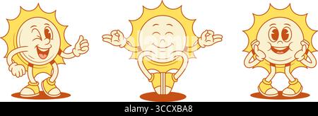 Funky smiling yellow sun cartoon character set contoured vector flat illustration. Happy cute adorable summer sunlight sunshine vacation mascot yoga m Stock Vector
