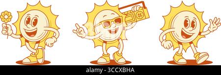 Funky comic yellow sun cartoon character set contoured vector flat illustration. Adorable happy summer sunlight sunshine vacation mascot with retro mu Stock Vector