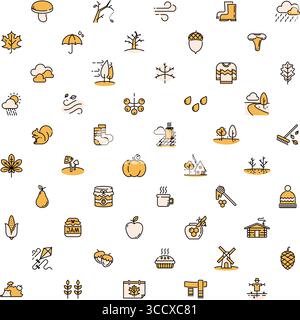 Autumn season linear icon set with leaves, food, weather, animals and nature. Vector Stock Vector