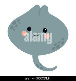 A cute, cartoon-style stingray with a smiling face. The stingray is gray with rounded edges and small fins, set against a simple white background. Stock Vector