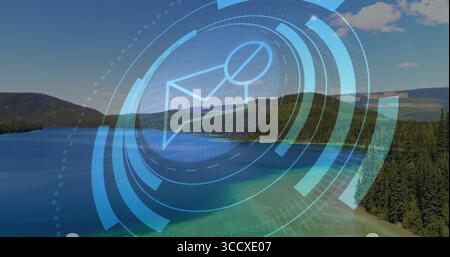 Displaying blue envelope icon with circular graphics, arcs at forest lakeshore, binary code overlay Stock Photo