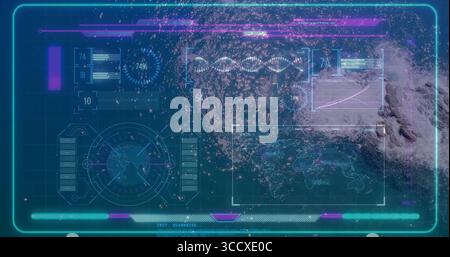 Displaying holographic data interface floating at command console, with world map and radar overlay Stock Photo
