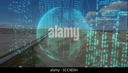 Displaying holographic globe overlaying rural pipeline across flat grassland, with streaming code Stock Photo