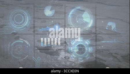 Displaying holographic panels floating over rocky lunar surface, with pie chart and line graph Stock Photo