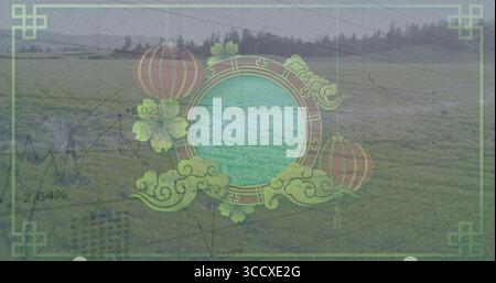 Displaying Chinese decorative frame hovering above farmland, with red lanterns and financial charts Stock Photo