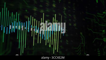 Displaying fluctuating vertical bars pulsing on screen, with binary digits and circuit traces Stock Photo