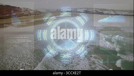 Displaying HUD reticle tracking ocean conditions over coastal bay, with segmented bars and panels Stock Photo