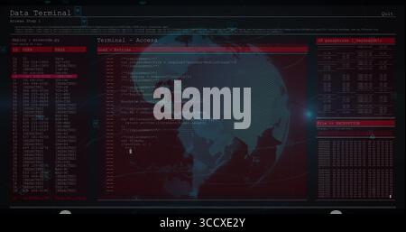 Displaying digital terminal interface in console, with ID table, command prompt, dot-matrix globe Stock Photo