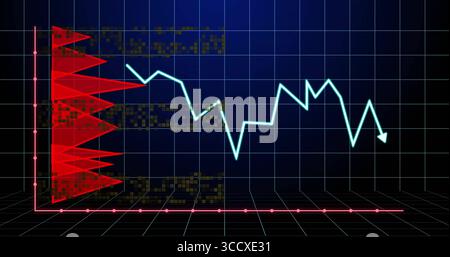 Displaying 3D grid, red histogram and neon cyan line with arrow in visualization space, pink axes Stock Photo