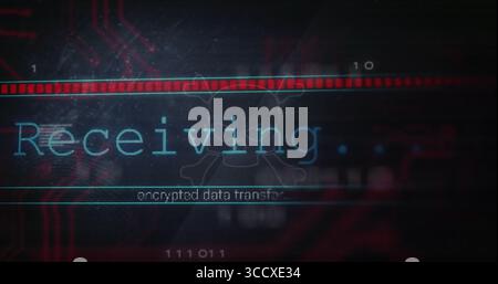 Displaying glowing cyan Receiving… interface on screen, with red progress bar and skull watermark Stock Photo
