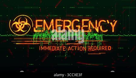 EMERGENCY: IMMEDIATE-ACTION-REQUIRED flashing on console with biohazard, red glitch over green code Stock Photo