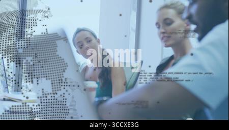 Discussing code overlay colleagues wearing casual outfits at conference table with laptop Stock Photo