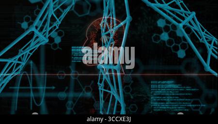 Head silhouette pulsing with neural circuitry on interface, with tubular mesh and hexagonal motifs Stock Photo