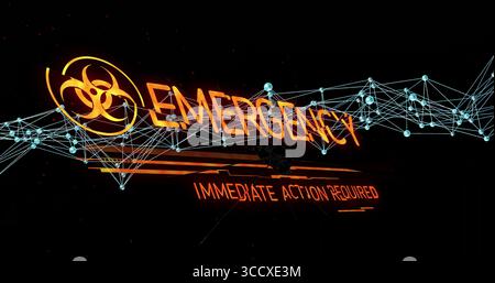 Displaying emergency alert on screen with biohazard symbol EMERGENCY and IMMEDIATE ACTION REQUIRED Stock Photo