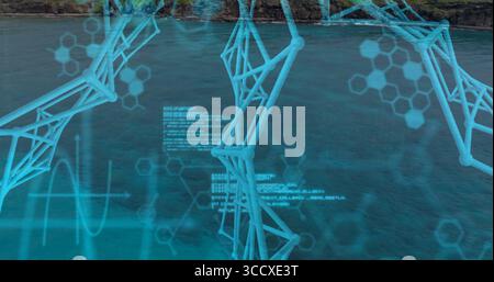 Displaying neon 3D network floating above rocky ocean coast, with data visualization overlays Stock Photo