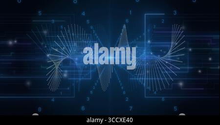 Spiraling digital waveform across interface, with light flare, frames, circuits and digit labels Stock Photo