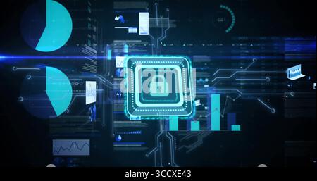 Glowing microchip displaying padlock icon in cyber network, with holographic charts and panels Stock Photo