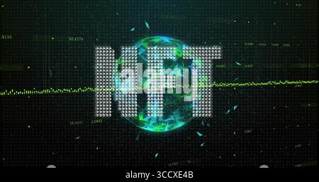 Floating dot-matrix letters NFT hovering over faceted globe above dark binary grid, with waveform Stock Photo
