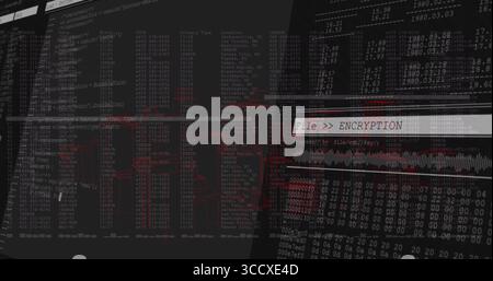 Displaying highlighted encryption panel with waveform and network diagrams on screen, copy space Stock Photo