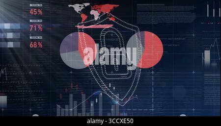 Displaying dotted shield with padlock on security dashboard, with world map, pie and bar charts Stock Photo