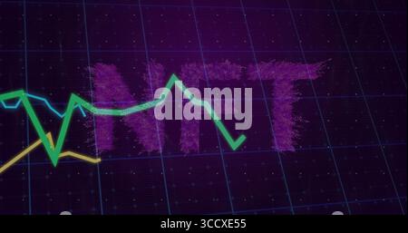 Displaying large 3D purple NFT letters on violet digital grid, with green teal yellow line graphs Stock Photo