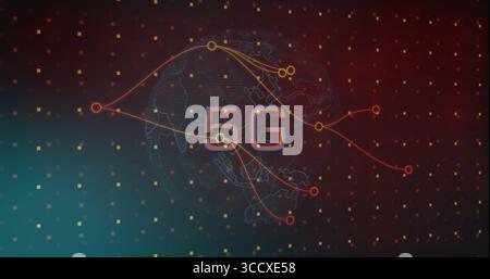 Displaying stylized globe radiating neon network lines to nodes over dark pixel squares, with 5G Stock Photo