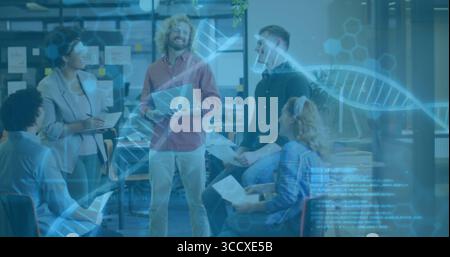 Collaborating five professionals exchanging ideas in open-plan office, with DNA hologram overlay Stock Photo