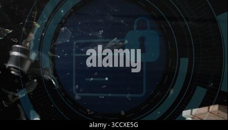 Displaying stylized browser window featuring padlock icon on dark cyber HUD, broken glass shards Stock Photo