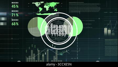 Displaying digital dashboard on large screen, with world map and concentric circular infographic Stock Photo