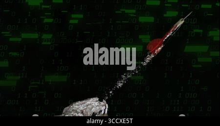 Metallic rocket launching in binary stream, with rocky surface, white trail, red sphere, copy space Stock Photo