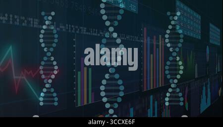 Displaying stylized DNA helix glowing on dashboard, with bar charts, line waveform, data panels Stock Photo