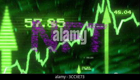 Displaying purple NFT acronym pulsing on trading screen, with neon-green line graphs, numeric data Stock Photo