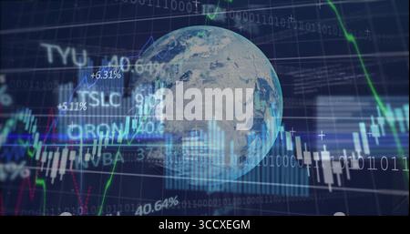 Spinning transparent Earth globe hovering over dark grid, with candlestick charts and binary code Stock Photo