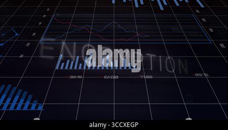 Displaying ENCRYPTION overlay on 3D grid floor at virtual dashboard, with bar and line charts Stock Photo