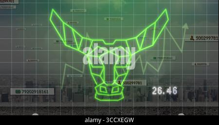 Displaying neon green geometric bull head graphic overlaying urban skyline grid, with line charts Stock Photo