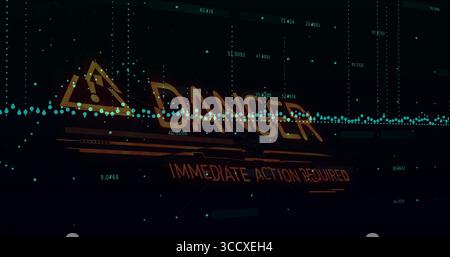Displaying interface warning icon, DANGER IMMEDIATE ACTION REQUIRED and data stream, dotted lines Stock Photo