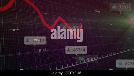 Showing red line graph trending downward on grid dashboard, numbers, speech bubbles  and  lens flare Stock Photo