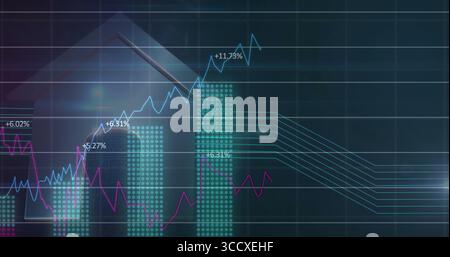 Displaying arrow icon tracing growth on dashboard, showing light blue or magenta lines, turquoise ba Stock Photo