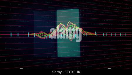 Displaying neon-colored waveform undulating around axis on dark screen, with turquoise rectangle Stock Photo