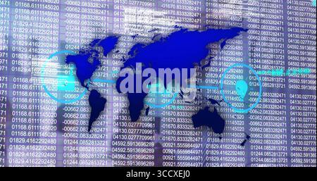 Displaying world map on data dashboard, with scrolling numeric data columns and cyan highlights Stock Photo