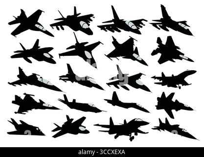 The big set silhouettes of military fighters. Stock Vector