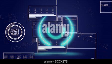 Displaying glowing circular ring chart revolving on digital interface, with transparent UI panels Stock Photo