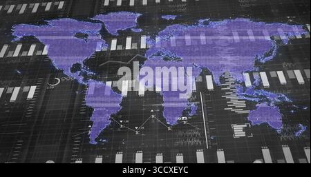 Presenting purple world map in dashboard with overlaid bar charts, line graphs and circular gauge Stock Photo