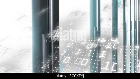 Displaying vertical translucent panels in digital scene, with floating binary digits and dot grids Stock Photo