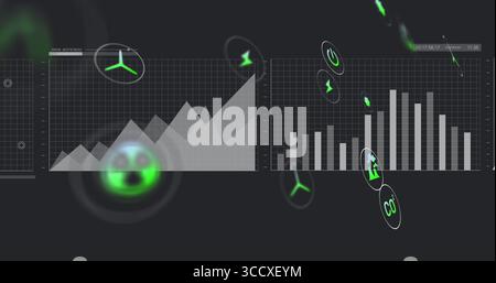 Displaying environmental dashboard showing line and bar charts on dark screen, with energy icons Stock Photo